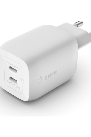 Belkin 65W USB-C Dual Port AC Charger – Power Delivery 3.0 Fast GaN Charger for iPhone 15/14 Series, iPad Pro, MacBook, Galaxy S24/S23 & More